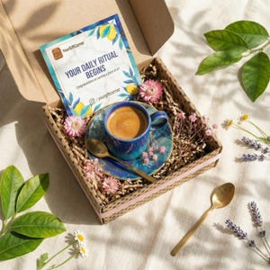 An open kraft gift box filled with wood shavings, containing two blue and yellow patterned ceramic espresso cups, with a ribbon and greeting card nearby.