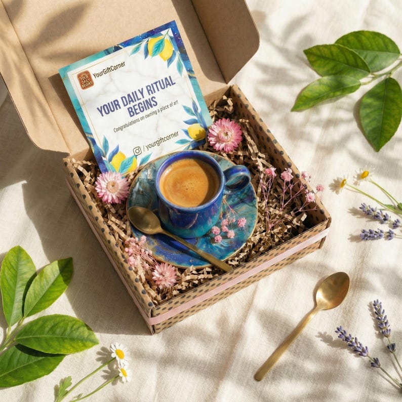 An open kraft gift box filled with wood shavings, containing two blue and yellow patterned ceramic espresso cups, with a ribbon and greeting card nearby.