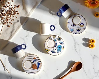 Handmade Espresso Cup Set with Evil Eye and Woman Illustration Design, Modern Ceramic Coffee Cups and Saucers for Gift or Home