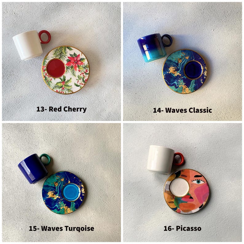 May include: Four sets of coffee cups and saucers with different designs. The designs include red cherry, waves classic, waves turquoise, and Picasso.