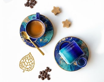 Handmade Blue Ceramic Espresso Cup Set – 2.5 oz Double Shot Coffee Cups with Saucers