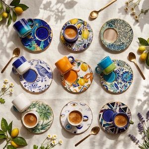 Handmade Ceramic Espresso Cup Set Blue Floral Gold Rim, Mothers Day Gift Set