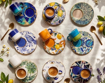 Handgefertigtes Keramik Espressotassen Set 75ml, Blaues Kaffeeliebhaber Geschenk, Einzigartige Kaffeezubehör