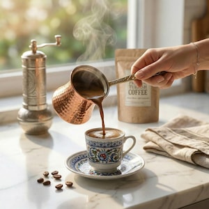 Peut inclure: Une cafetière en cuivre verse du café fraîchement préparé dans une petite tasse et une soucoupe ornées. De la vapeur s'élève du café. Des grains de café sont éparpillés à proximité. Un paquet de café turc et un moulin à café sont en arrière-plan.