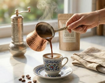 Handmade Turkish Coffee Set with Grinder and Ceramic Cups