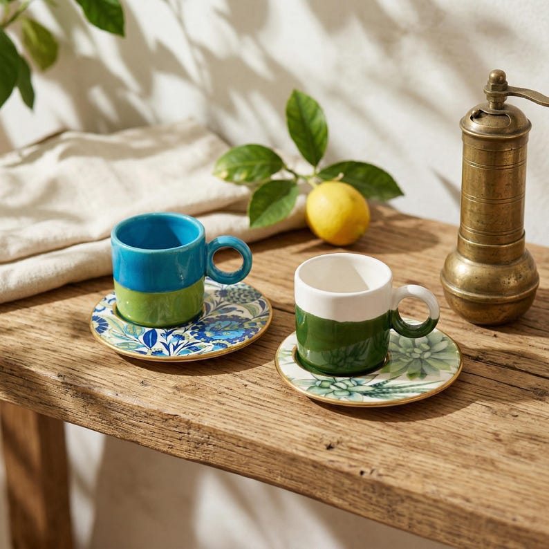 Puede incluir: Dos tazas de espresso de cer&aacute;mica con sus platillos a juego descansan sobre una superficie de madera. Una taza es azul y verde, la otra blanca y verde. Los platillos presentan dise&ntilde;os florales. Tambi&eacute;n se ve un molinillo de pimienta de lat&oacute;n y un lim&oacute;n.