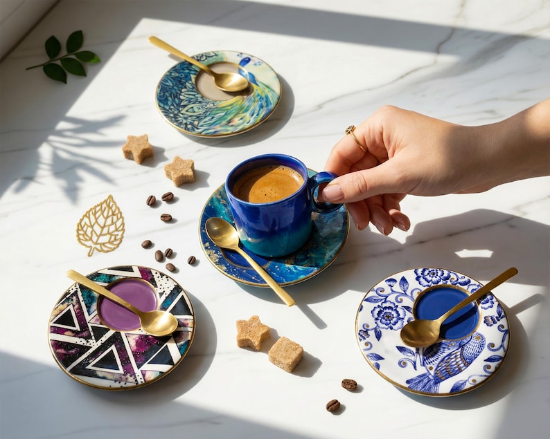 Espresso Cups Set 2.50oz, Ceramic Coffee Cup for Coffee Lovers, Handmade Italian Style Espresso Set, Unique Gift for Dad image 2