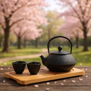 May include: A black cast iron teapot with a matching handle and lid, accompanied by two small black teacups, rests on a bamboo tray. The tea set is placed on a wooden surface, with a blurred background of pink flowering trees.