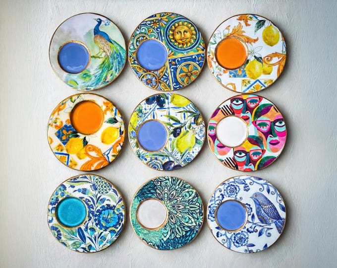 Handmade Italian Espresso Cups with Saucers, Mediterranean Ceramic Drinkware 2.5oz