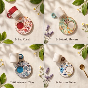 Four pattern options for ceramic espresso cups including Red Coral, Botanic Flowers, Blue Mosaic Tiles, and Fortune Teller.