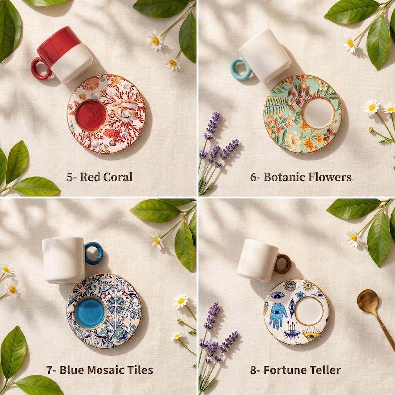 Four pattern options for ceramic espresso cups including Red Coral, Botanic Flowers, Blue Mosaic Tiles, and Fortune Teller.