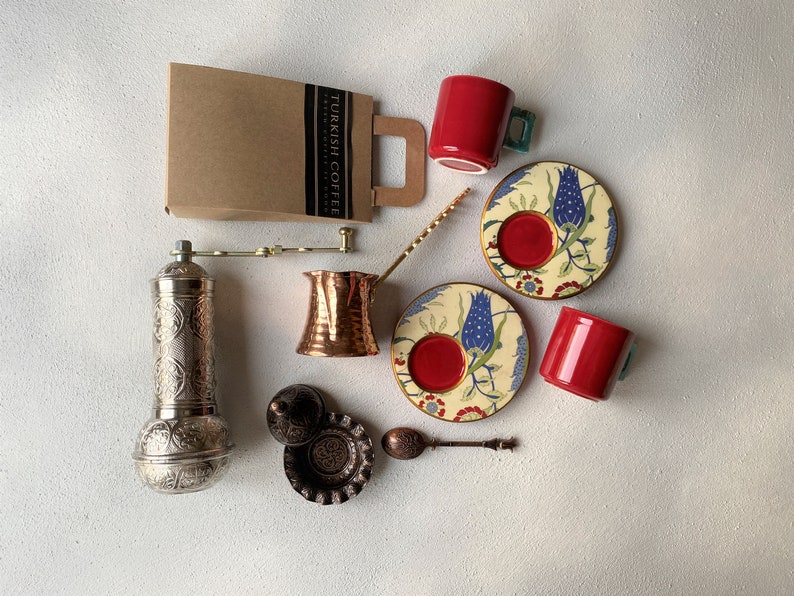 Turkish Coffee Gift Box Turkish Coffee Set with Traditional Grinder Turkish Coffee Pot Greek Coffee Set, Valentines Day Gift for Him image 3