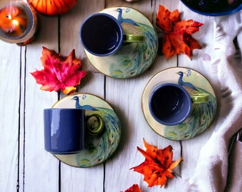 Handmade Ceramic Espresso Cup Set: Peacock Art, Unique Drinkware
