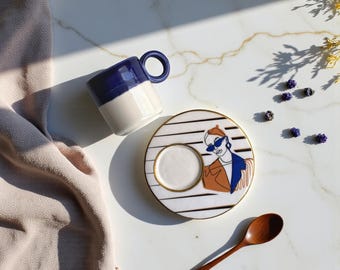 Handmade Ceramic Espresso Cup and Saucer Set with Evil Eye and Abstract Woman Art, Boho Coffee Gift, Artisan Turkish Coffee Cup Set