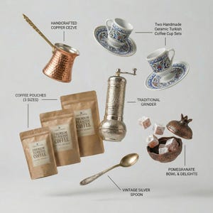 Infographic showing the contents of the Turkish coffee gift box: handcrafted copper cezve, traditional silver grinder, ceramic coffee cup sets, coffee pouches, and delight bowl.