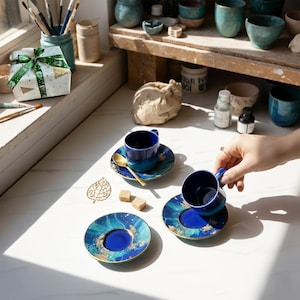 Espresso Cups Set 2.50oz, Ceramic Coffee Cup for Coffee Lovers, Handmade Italian Style Espresso Set, Unique Gift for Dad image 3