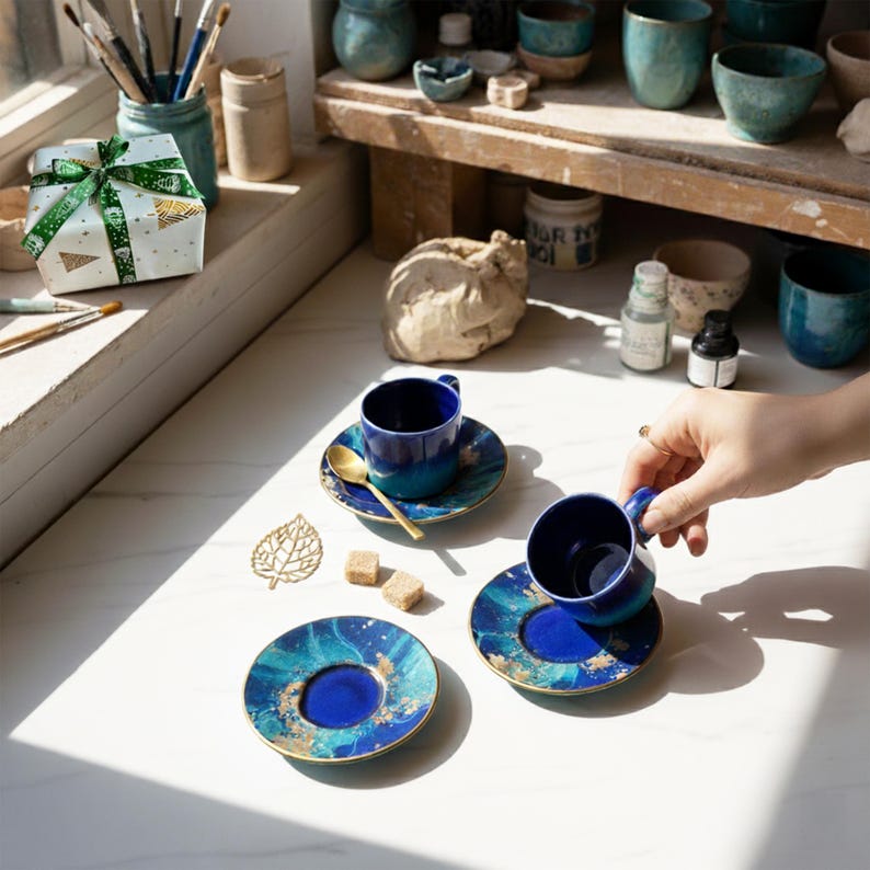 Espresso Cups Set 2.50oz, Ceramic Coffee Cup for Coffee Lovers, Handmade Italian Style Espresso Set, Unique Gift for Dad image 3