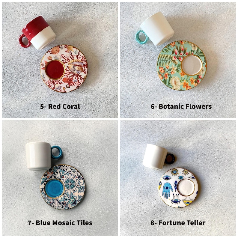 May include: Four different coffee cup and saucer sets with various designs. The designs include red coral, botanic flowers, blue mosaic tiles, and fortune teller symbols. Each set features a white cup with a blue or turquoise rim and a saucer with a gold rim.