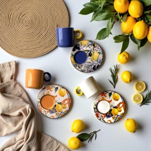 Lemon Espresso Cup Set, Colorful Ceramic Coffee Cups & Saucers, Sicilian Summer Decor, Mediterranean Kitchen Gift, Citrus Espresso Set