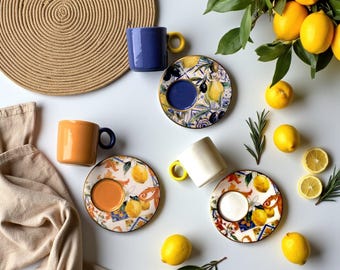 Lemon Espresso Cup Set, Colorful Ceramic Coffee Cups & Saucers, Sicilian Summer Decor, Luxury Corporate Gifts, Italian Espresso Sets