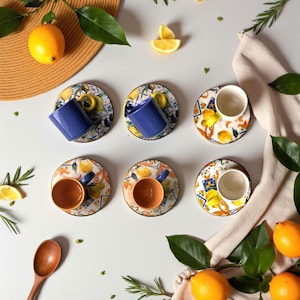 Lemon Ceramic Coffee Cup Set, Handmade Espresso Cups with Saucers, Hosting Decor Mugs, Italian Citrus Mug Gift for Her, Birthday Gift