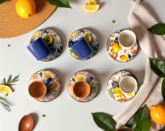 Lemon Ceramic Coffee Cup Set, Handmade Espresso Cups with Saucers, Home Decor Mugs, Italian Citrus Mug Gift