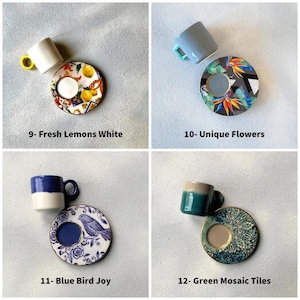 May include: Four sets of Turkish coffee cups and saucers with different designs. The designs include lemons, flowers, a blue bird, and green mosaic tiles.