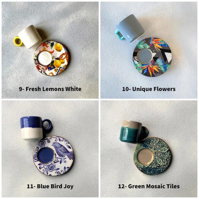 May include: Four sets of Turkish coffee cups and saucers with different designs. The designs include lemons, flowers, a blue bird, and green mosaic tiles.