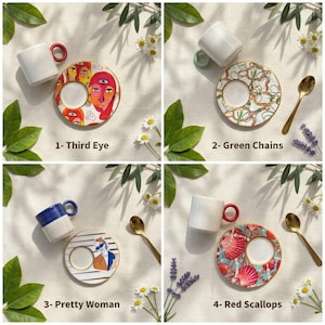 Four pattern options for ceramic espresso cups including Third Eye, Green Chains, Pretty Woman, and Red Scallops.