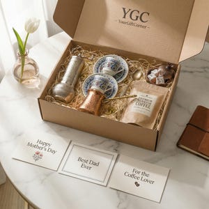 Rustic craft paper gift box with Turkish coffee set inside, displayed with three gift cards reading Happy Mothers Day, Best Dad Ever, and For the Coffee Lover.