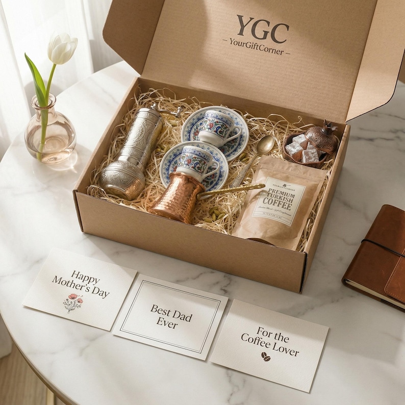 Rustic craft paper gift box with Turkish coffee set inside, displayed with three gift cards reading Happy Mothers Day, Best Dad Ever, and For the Coffee Lover.