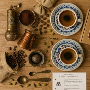 Handmade Turkish Coffee Set with Grinder, Traditional Ceramic Cups Set of 2, Unique Gift for Dad, Grandpa Gift for Him