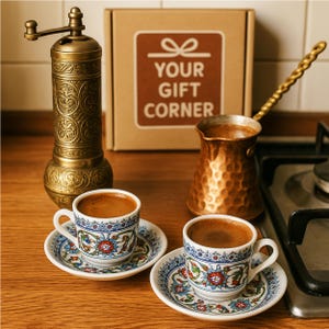 Turkish Coffee Set with Grinder – Ceramic Coffee Cups Set of 2, Unique Gift for Dad or Coffee Lover, Unique Coffee Gift for Father