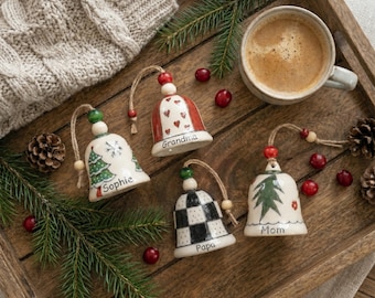 Personalized Christmas Ornament Set, Handpainted Ceramic Bells, Family Names