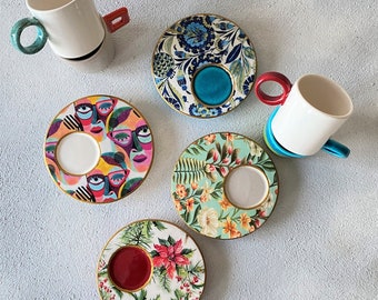 Decoración única para el hogar, taza de café de cerámica para amantes del café, juego de tazas de espresso de 75 ml, regalo de inauguración de la casa, regalo hecho a mano para amantes del espresso.