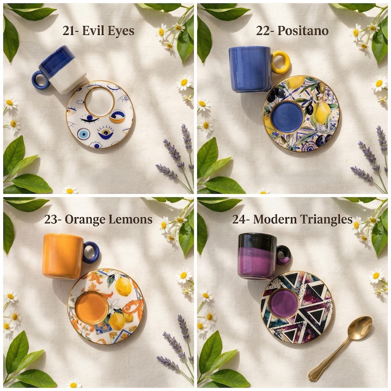 Puede incluir: Cuatro juegos de tazas y platillos de espresso decorativos. Cada juego presenta un dise&ntilde;o &uacute;nico: "Evil Eyes" con azul y blanco, "Positano" con limones, "Orange Lemons" y "Modern Triangles" con patrones geom&eacute;tricos. Tambi&eacute;n se ve una cuchara dorada.