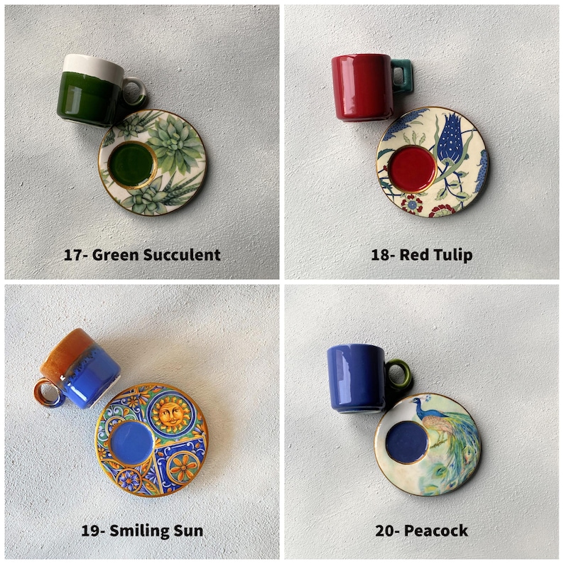 May include: Four sets of Turkish coffee cups and saucers with different designs. The designs include a green succulent, a red tulip, a smiling sun, and a peacock.