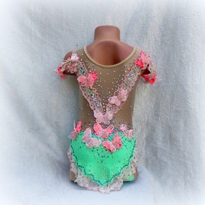 May include: A light green leotard with pink and light pink butterfly embellishments. The leotard has a sheer mesh bodice with a V-neckline and short sleeves.
