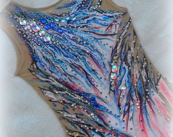 Leotard for rhythmic gymnastics in light pink with blue painting, acrobatics, skating, aerobics, show dance, twirling, baton costume.