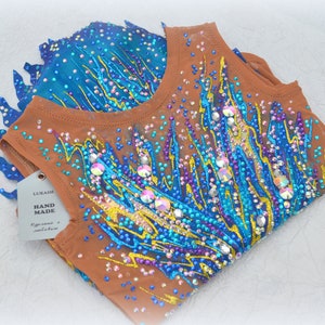 Leotard for rhythmic gymnastics in ocean blue, rhythmic gymnastics leotard for girl, RG leotard in stock