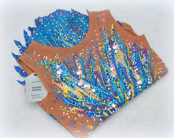Leotard for rhythmic gymnastics in ocean blue, rhythmic gymnastics leotard for girl, RG leotard in stock