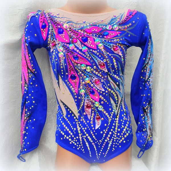 Rhythmic gymnastics leotard for girl in blue, costume for figure skate, aerial gymnastics, acrobatics, aerobics, cheerleading, baton twirl
