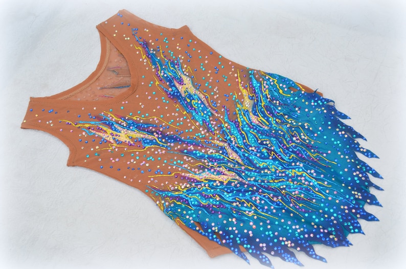 May include: A brown leotard with a blue and yellow flame design and rhinestones.