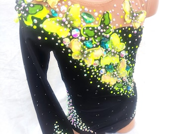 Rhythmic gymnastics leotard in black, RG leotard in stock, costume for gymnastics