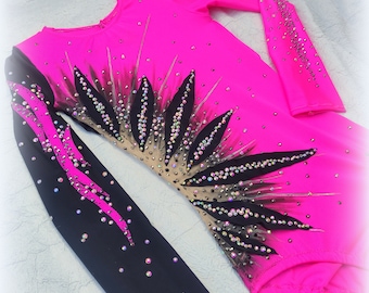 Rhythmic gymnastics leotard for girl, RG leotard in pink black, costume for competition, figure skating dress, acrobatic, twirling