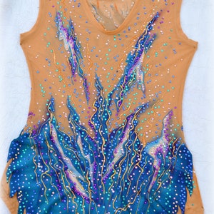 May include: A nude-colored leotard with a blue and gold design. The leotard is covered in rhinestones and has a V-neck.