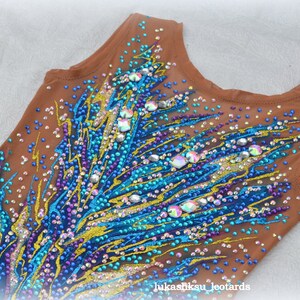 May include: A brown leotard with a blue, gold, and purple design. The leotard is covered in rhinestones and sequins.