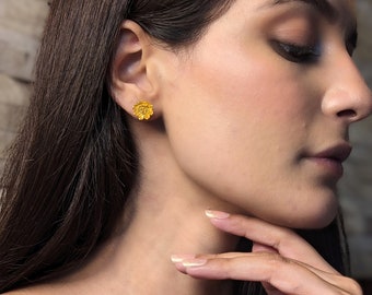 Golden Enamel Flower Stud Earrings | Fine 92.5 Silver with Rhodium Polish for Woman
