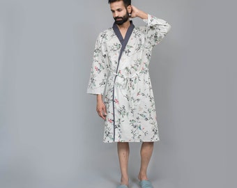 Cotton printed men's bathrobe 100% soft cotton dressing gown kimonorobe boho robe resort wear.