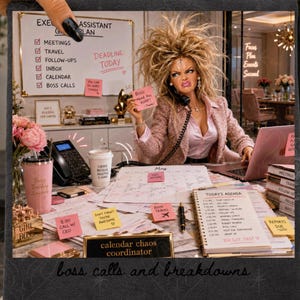 May include: A digital illustration of a stressed office worker with wild hair holding a telephone receiver, surrounded by a desk covered in pink sticky notes, a calendar, a laptop, and a sign that reads calendar chaos coordinator and boss calls and breakdowns.